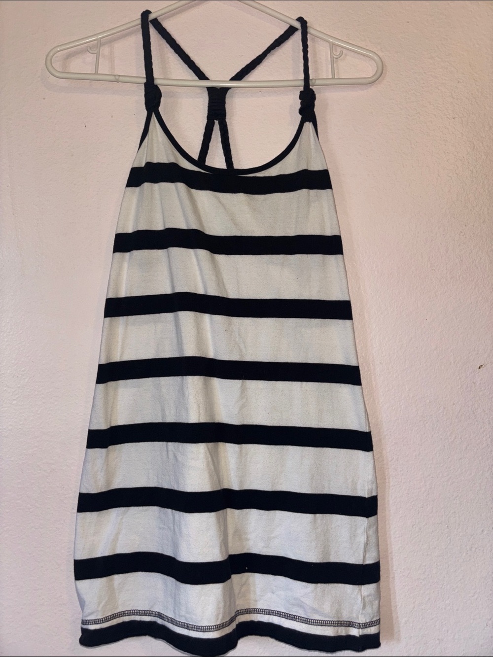 Woman’s Striped Black & White Tunic Tank Top With Rope Straps, Size L